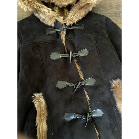 NWT Coldwater Creek Wonderlands toggle pea Coat Sz M Black suede faux fur - Picture 3 of 12